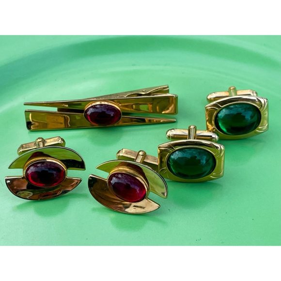 Vintage Lot 1960s Cufflinks Red/Green Lucite Tie Clip - Picture 2 of 13